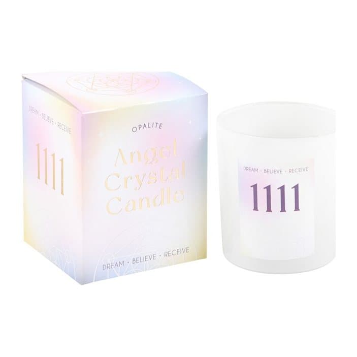 1111 angel number candle in glass with opalite crystal chips