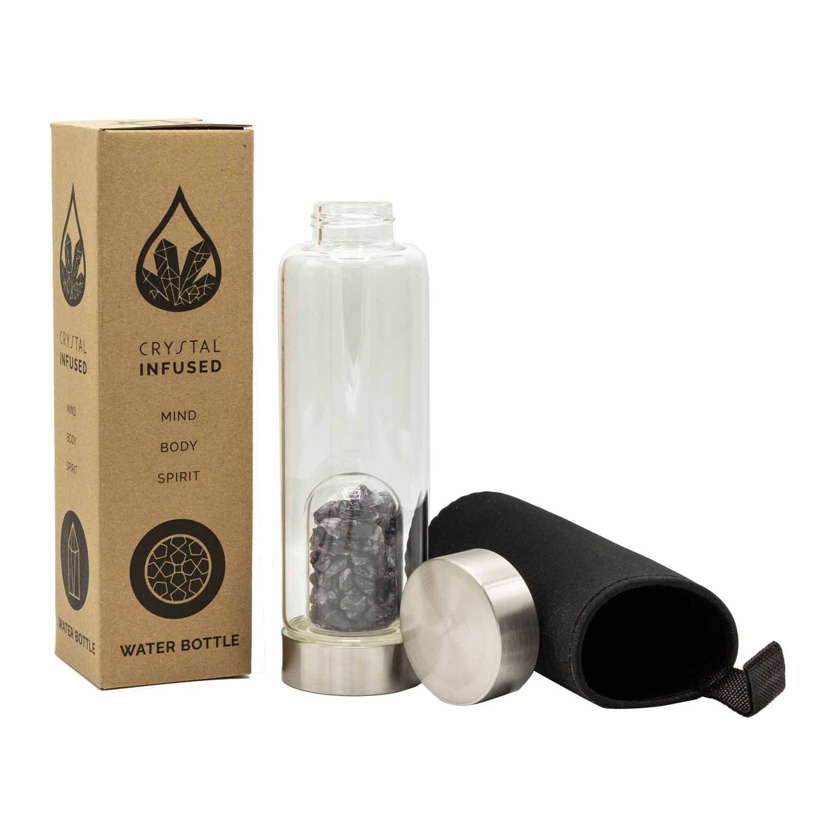 Glass and metal 500 ml water bottle with amethyst crystal chips