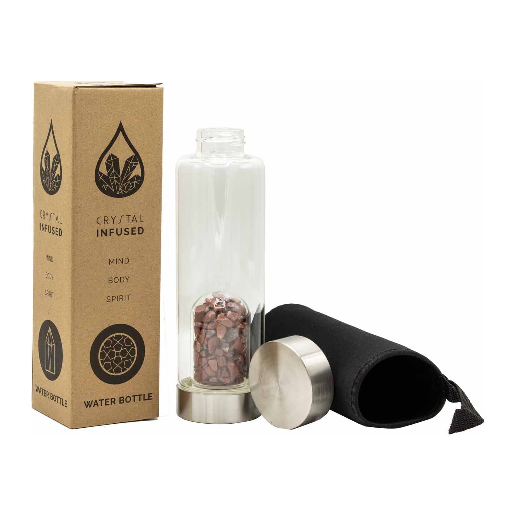 Glass water bottle with red jasper chips