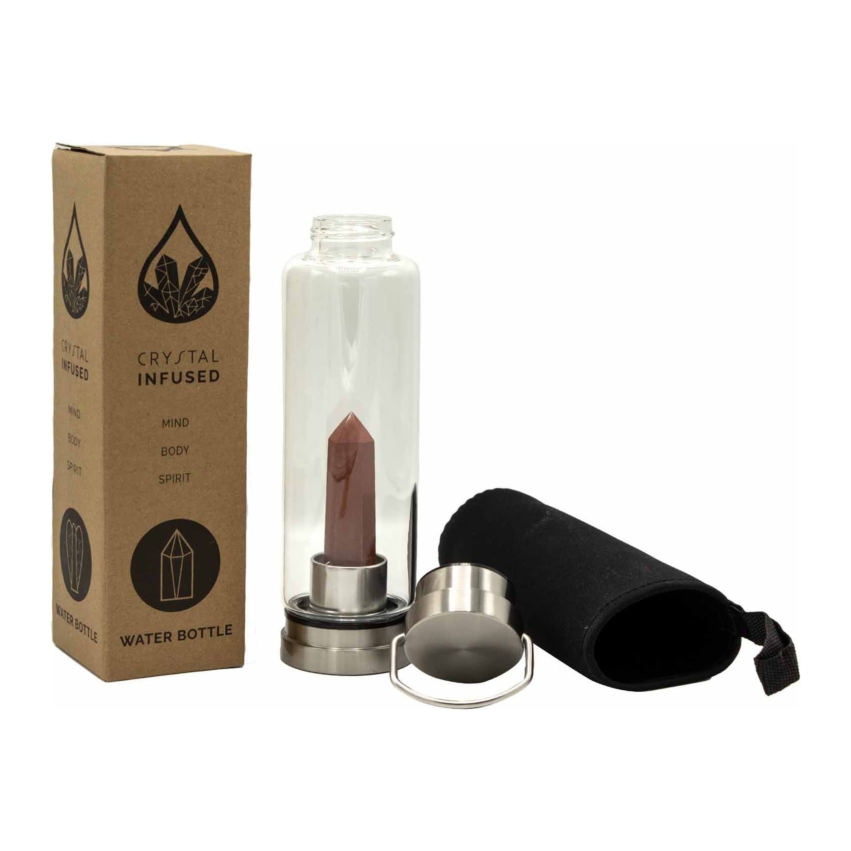 Crystal infused glass water bottle with a red jasper obelisk