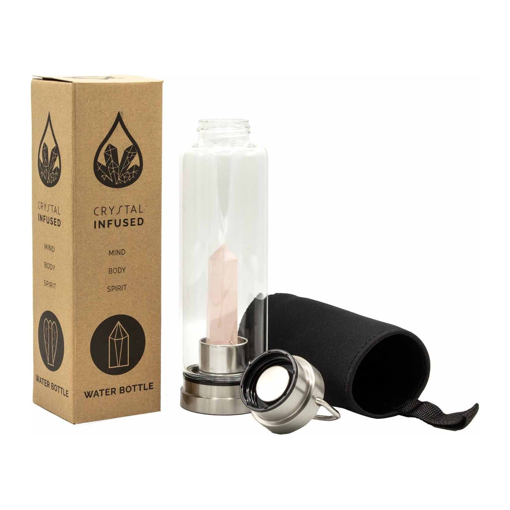 Glass water bottle with a rose quartz obelisk