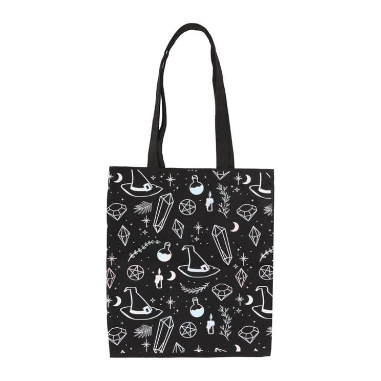 Black polycotton tote bag printed with crystals, witch hats and potions
