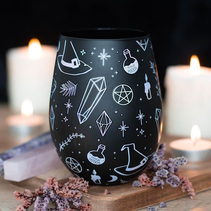 Stemless glass with a black crystal magic design