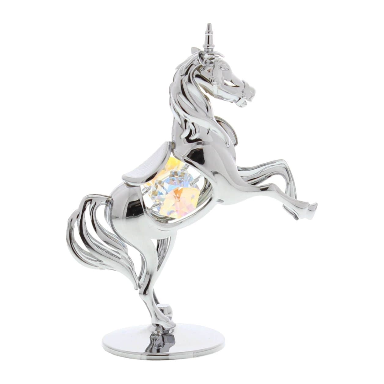 Chrome plated unicorn ornament with a large crystal