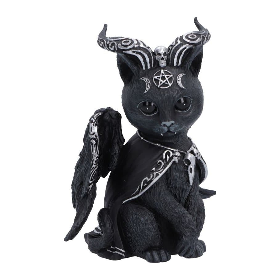 Halpurr black cat figurine with horns, wings, cape and silver detailing