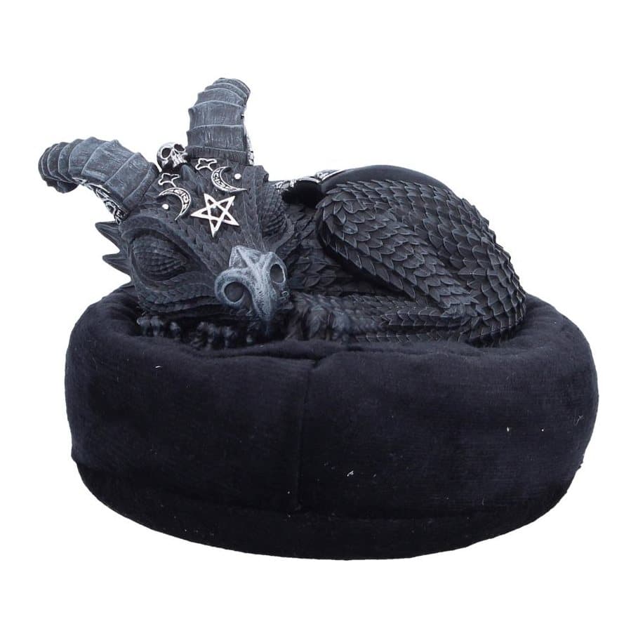 Sleeping Lucifly dragon figurine on a bean bag cushion with silver detailing