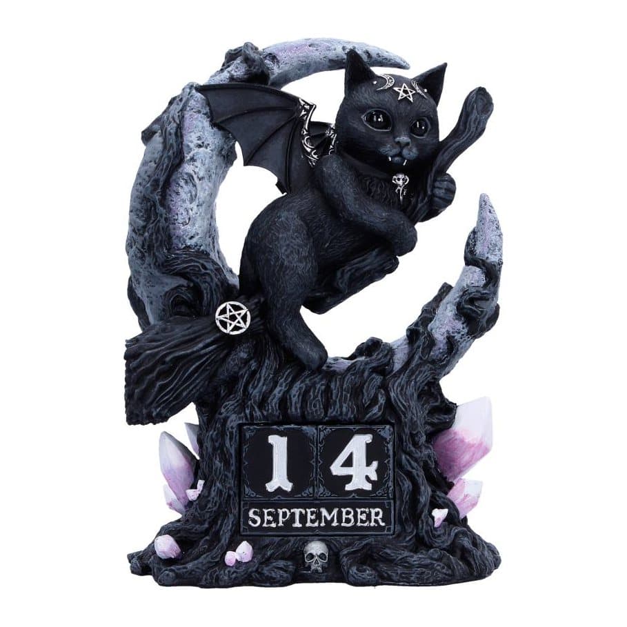 Malpuss riding a broom in a grey crescent moon on a perpetual calendar base