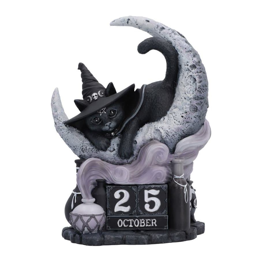 Purrah lying in a grey crescent moon with spell bottles and a calendar base