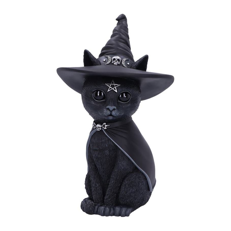 Hand-painted resin cat figurine in a witch's pointed hat and cape
