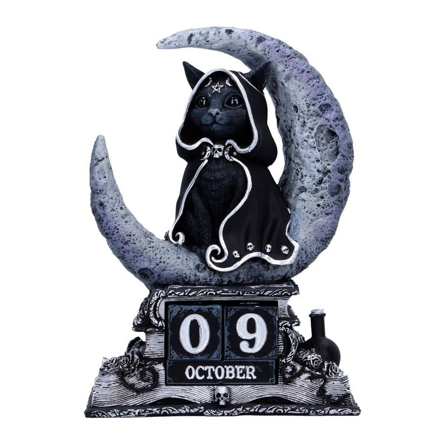 Zefur in a grey crescent moon on a spell book base perpetual calendar