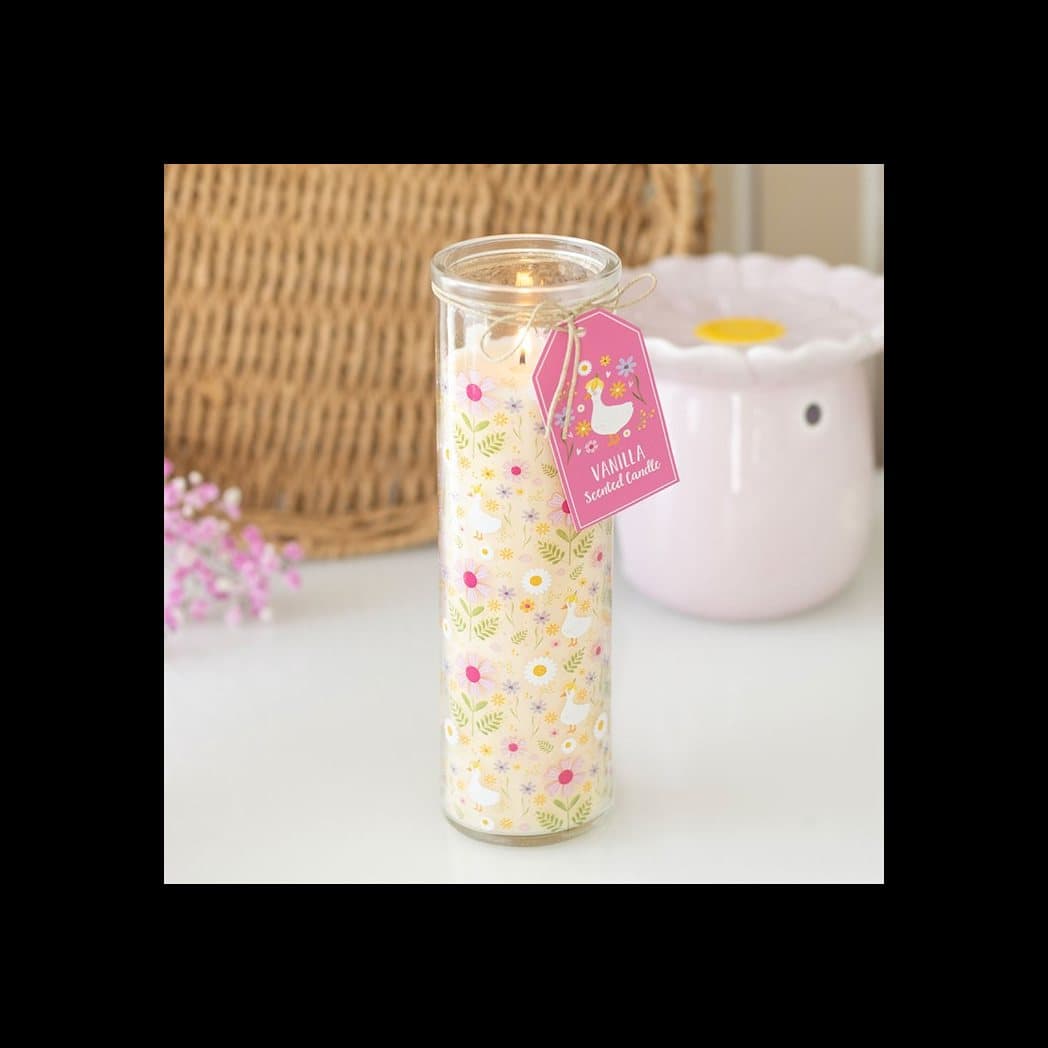 Tall glass tube candle printed with a Daisy & Duck design