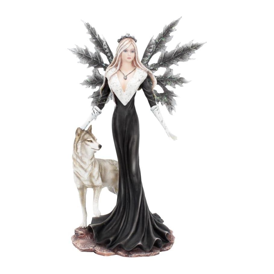 Fairy figurine in a black dress with navy icy wings, her hand on a grey wolf