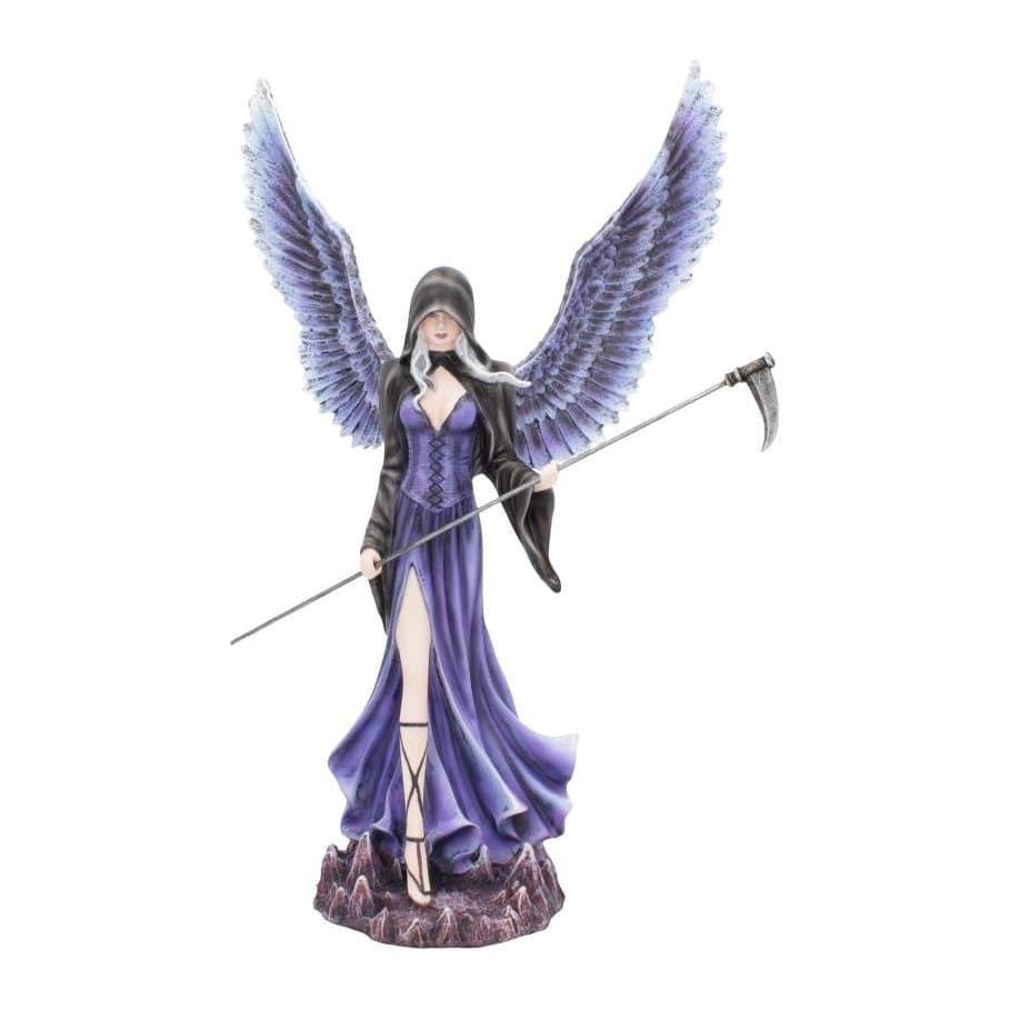 Hooded dark fairy figurine with purple dress, aubergine wings and scythe