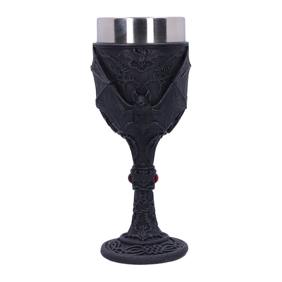 Black gothic goblet with a smiling bat spreading its wings around the cup