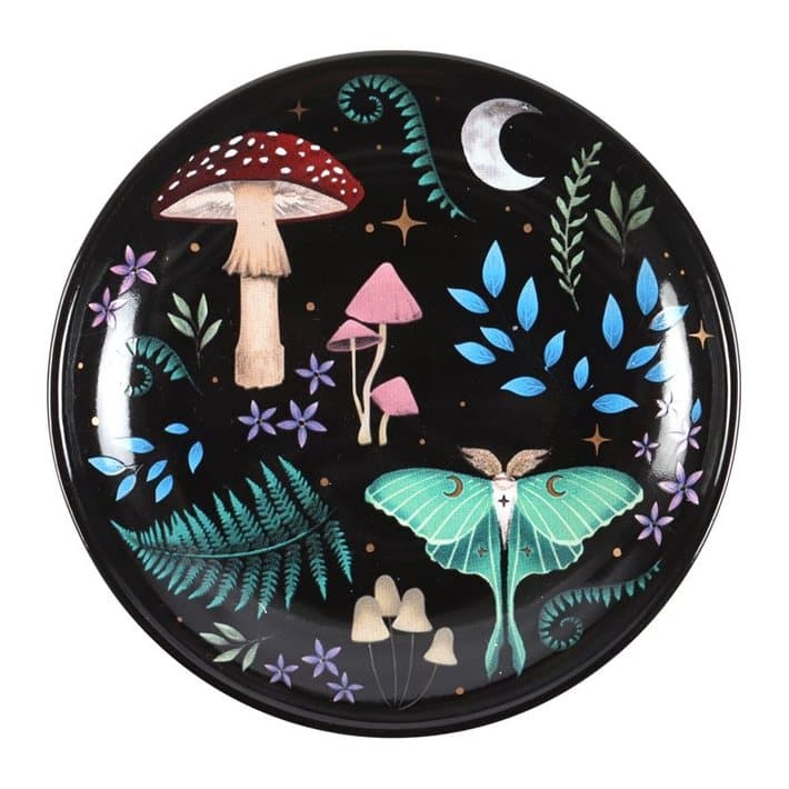Round bone china trinket dish with a night forest print and golden stars