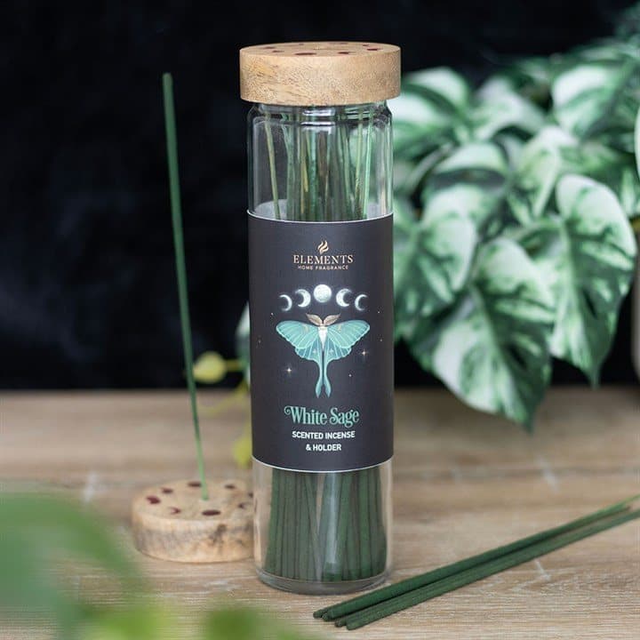 Dark forest white sage incense tube with luna moth and moon phase design
