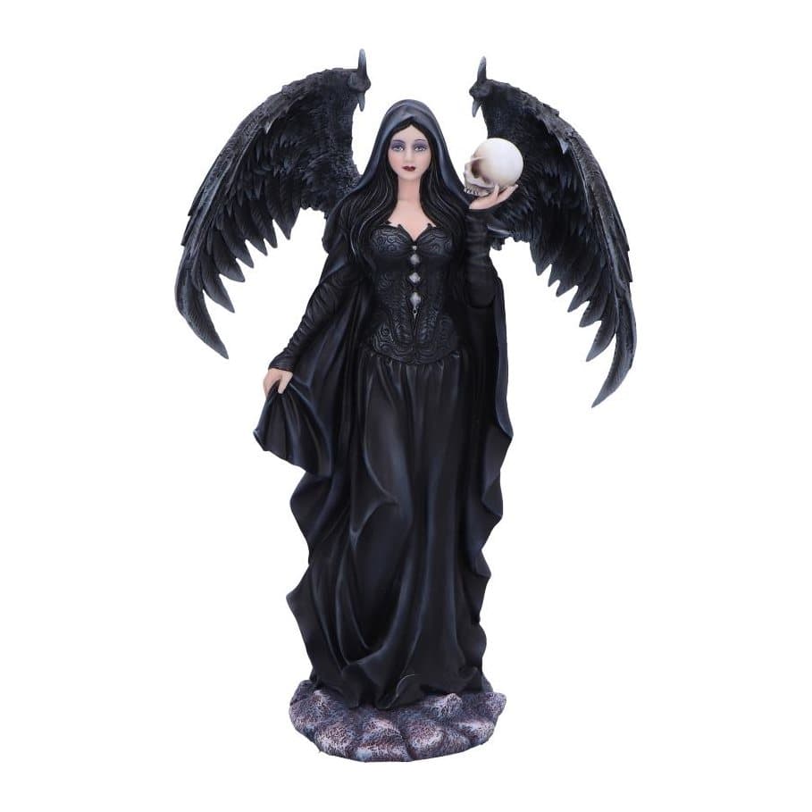 Dark teal and black winged gothic angel figurine with a skull motif