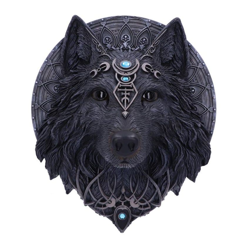 Dark wolf face wall plaque with moon phases and aquamarine jewels