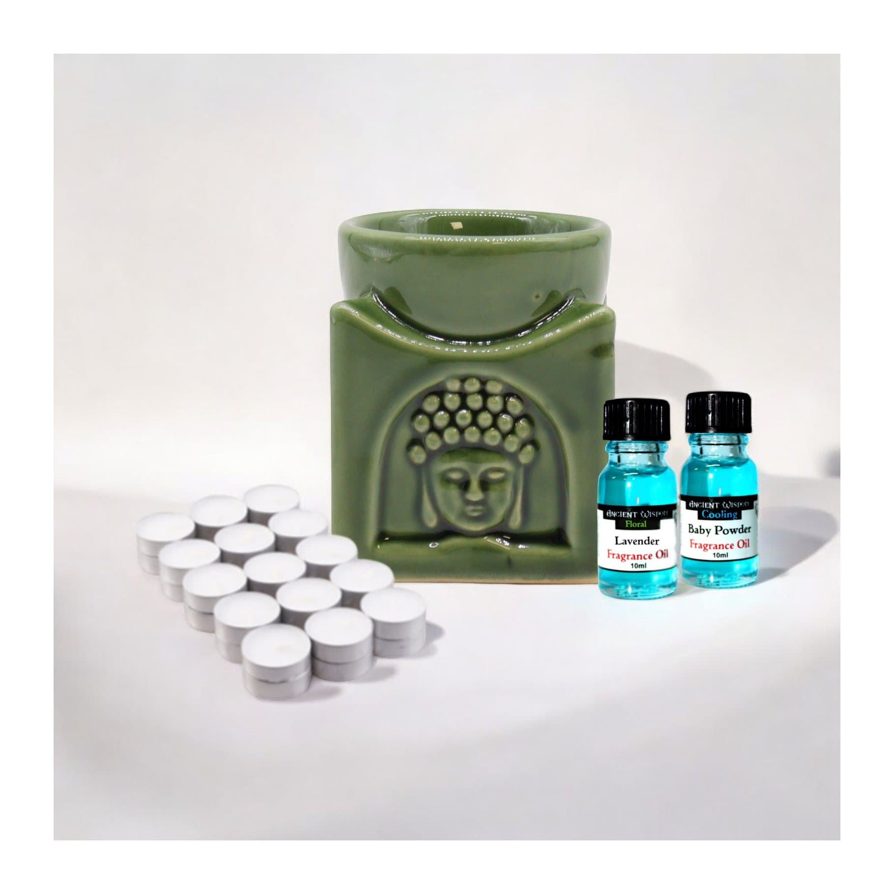 Dark jade Buddha oil burner kit with tealights and fragrance oils