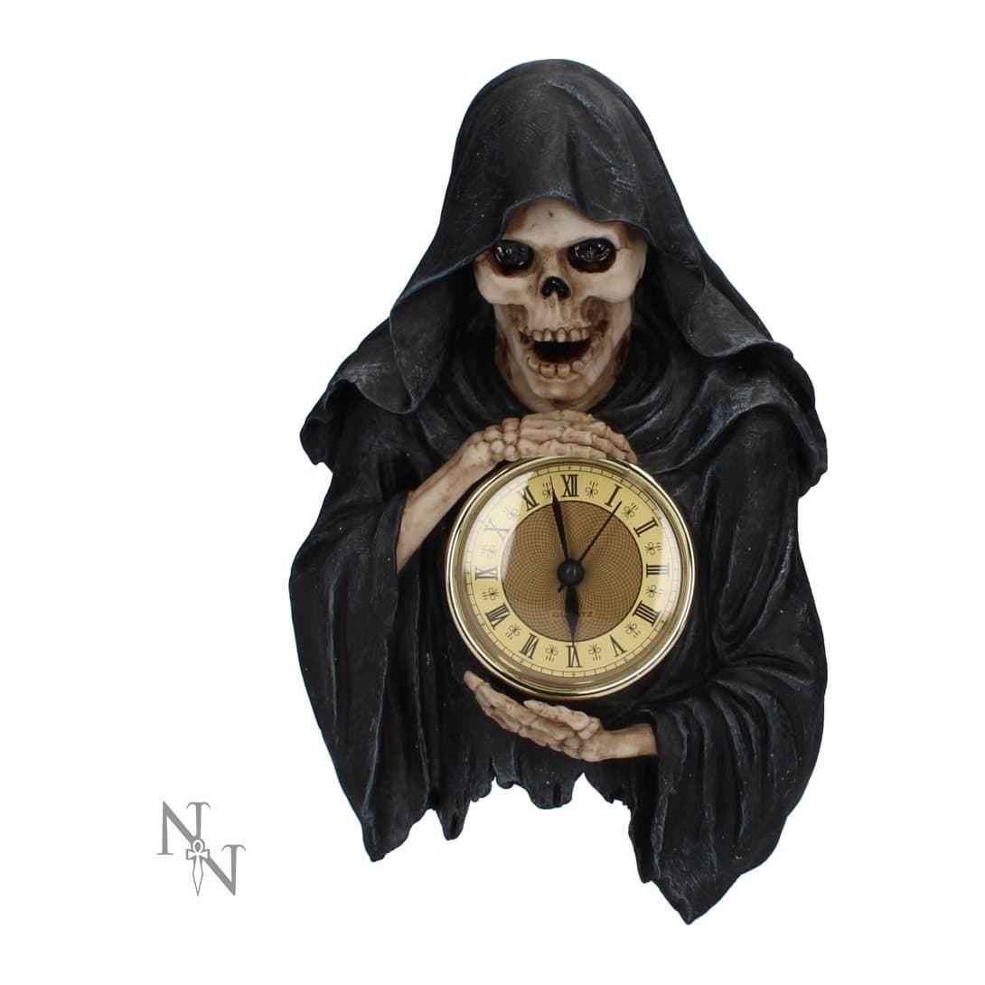 Grim reaper in a black robe holding a gold and brown clock