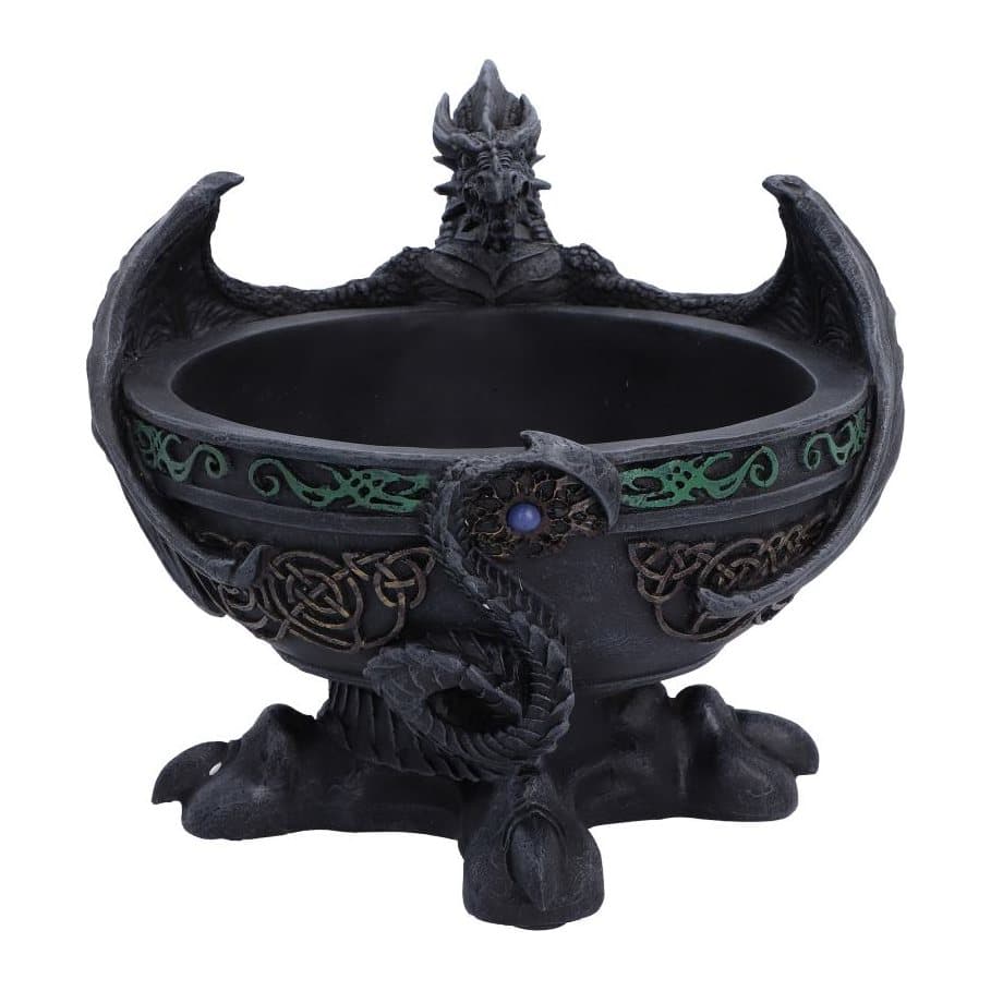 Dark resin dragon trinket holder with wings wrapped around the dish