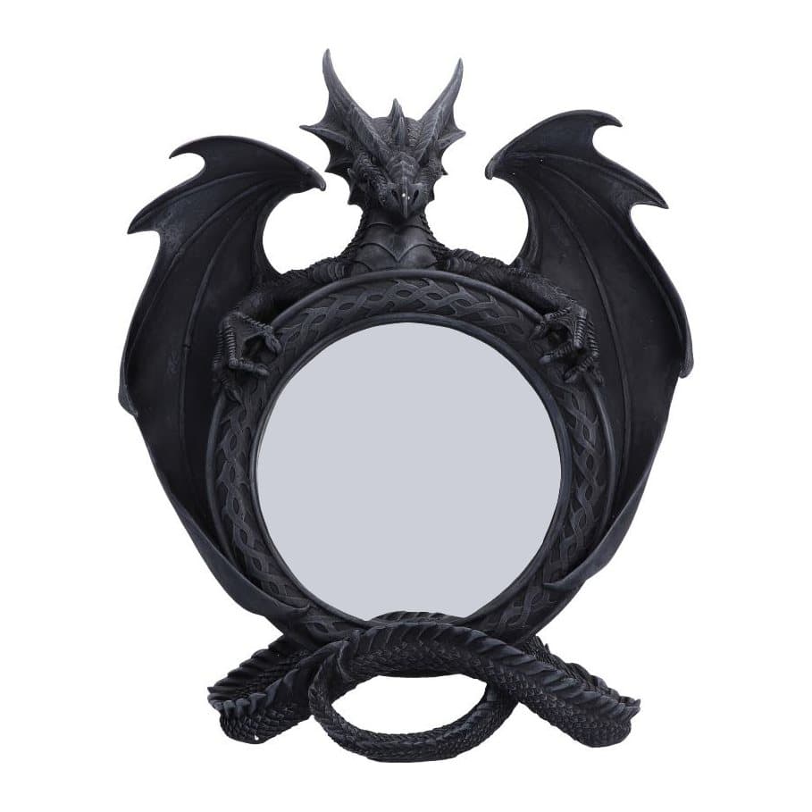 Black gothic dragon mirror with sculpted wings, dragon head and curled tail base
