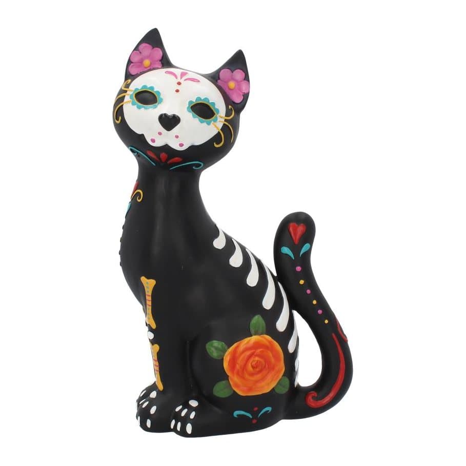 Black cat ornament in a bone-white mask with flower, heart and bone patterns