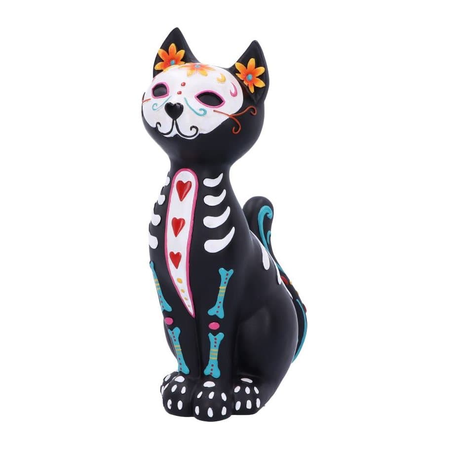 Black cat figurine in a bone-white mask with colourful flower, heart and bone patterns