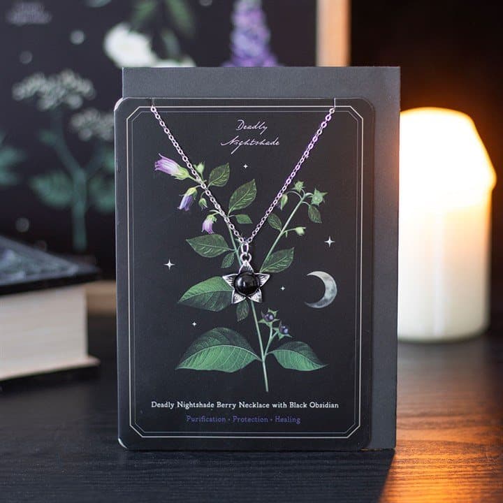 Deadly nightshade berry charm necklace with black obsidian on a greeting card
