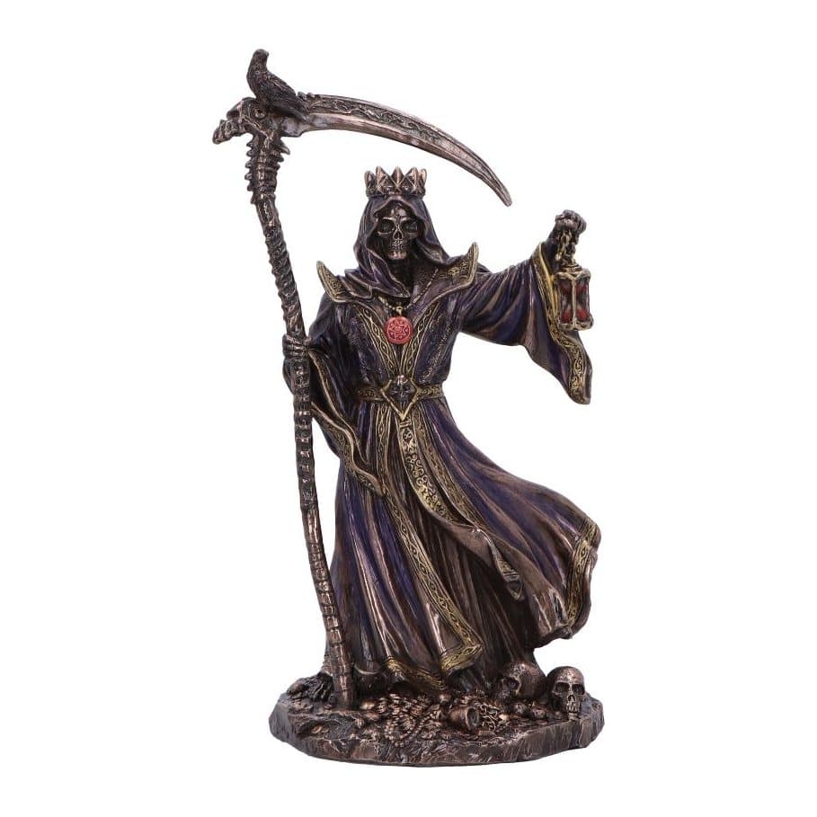 Hand-painted skeletal reaper with a golden crown, scythe and treasure