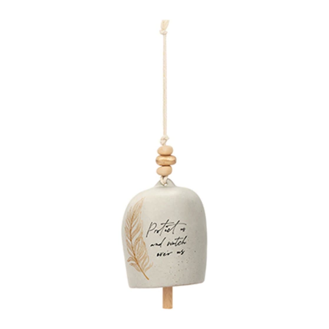 Bell-shaped guardian angel ornament with a feather design and a beaded string