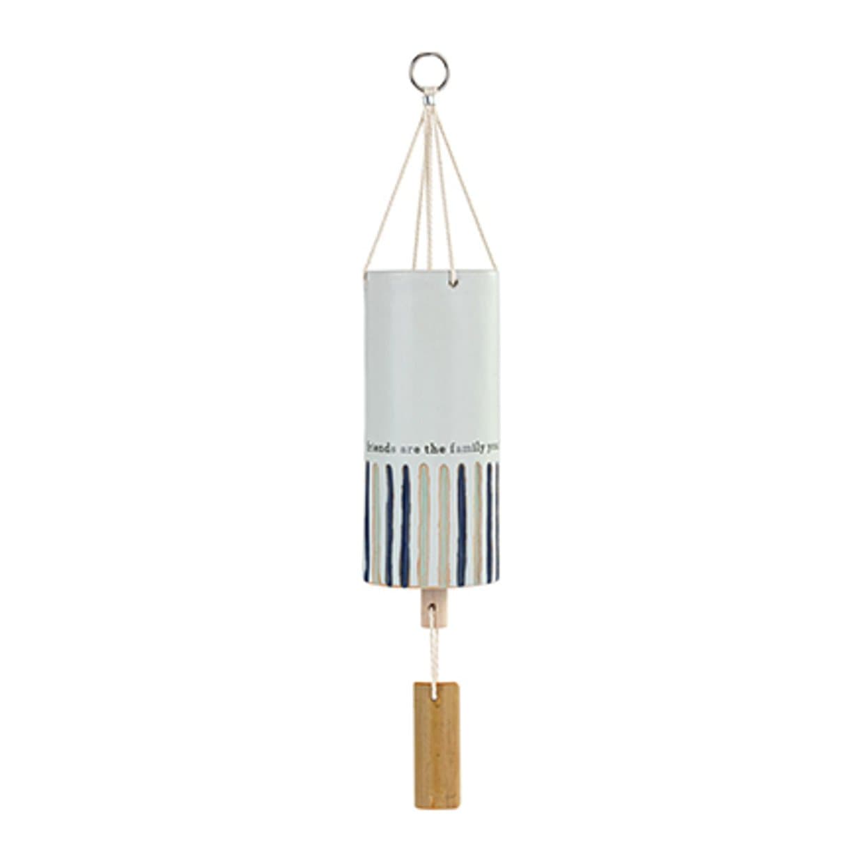White striped friends wind chime with wooden accents and a metal ring
