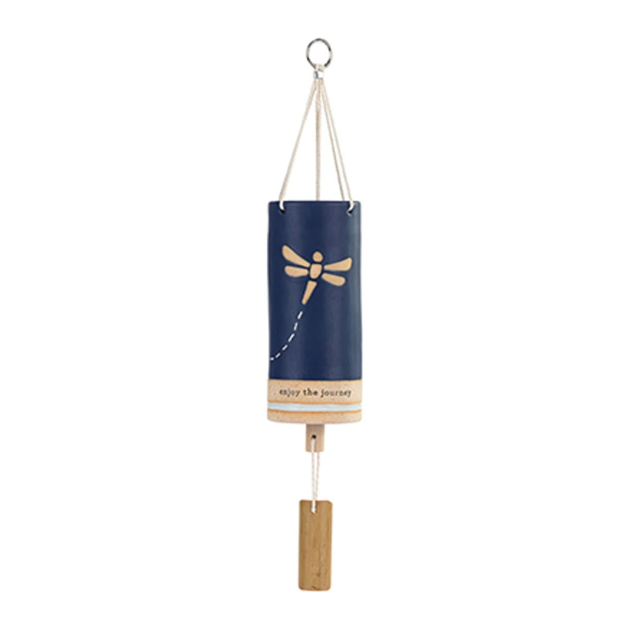 Navy blue rectangular wind chime with a golden dragonfly and metal ring