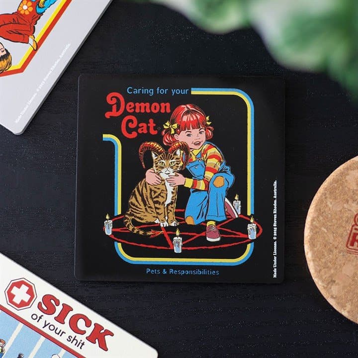 MDF coaster with a demon cat design by Steven Rhodes