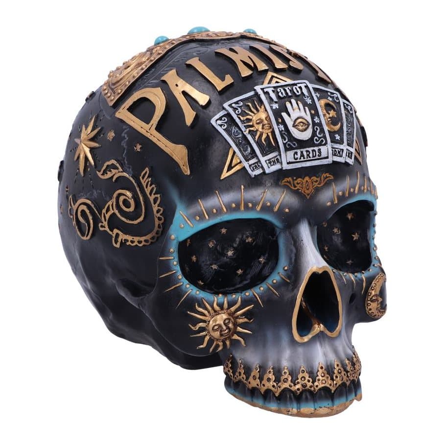 Black resin skull with tarot cards and gold astrological signs