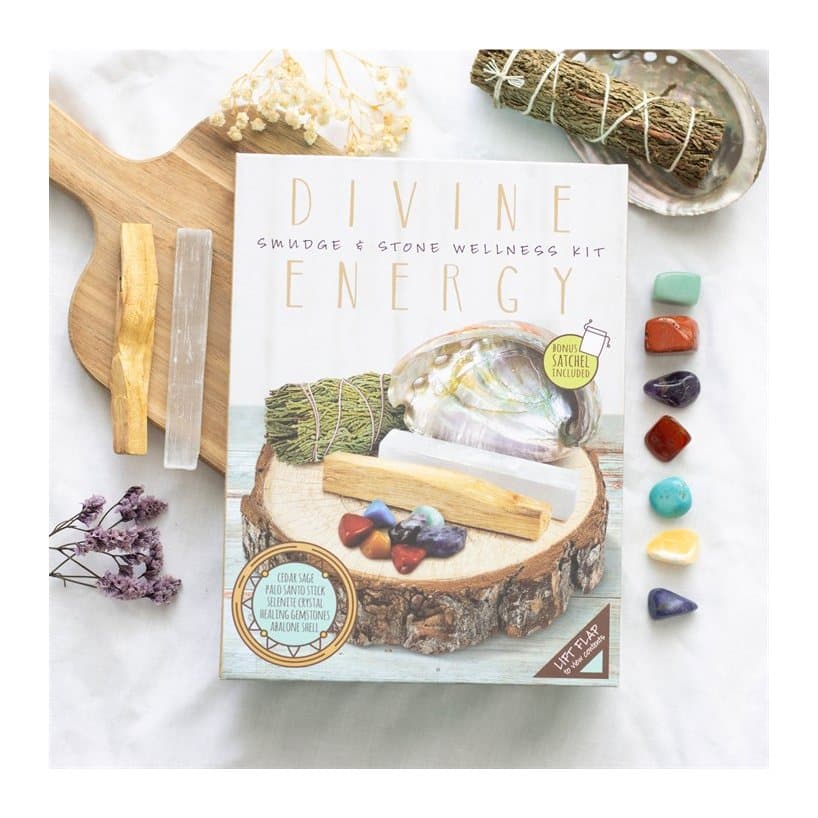 Ritual kit with tumblestones, selenite wand, palo santo, cedar sage wand and abalone shell