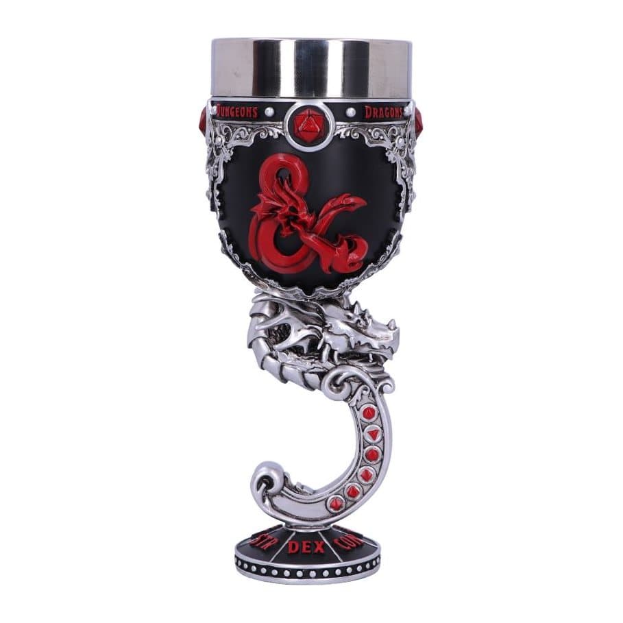 Deep black D&D goblet with a red dragon ampersand and dragon head stem