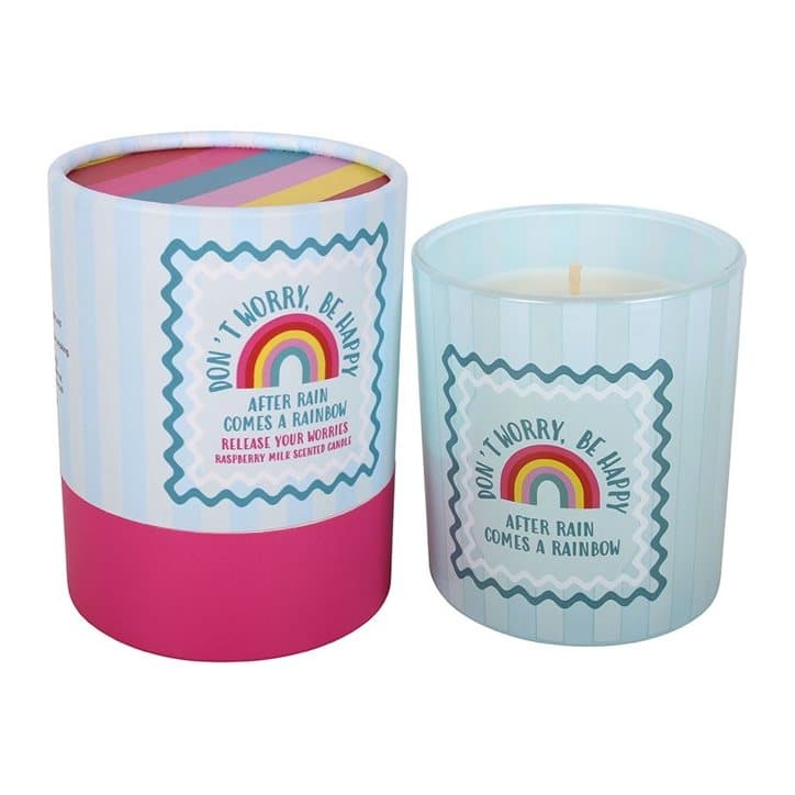 Blue glass candle with a slogan design