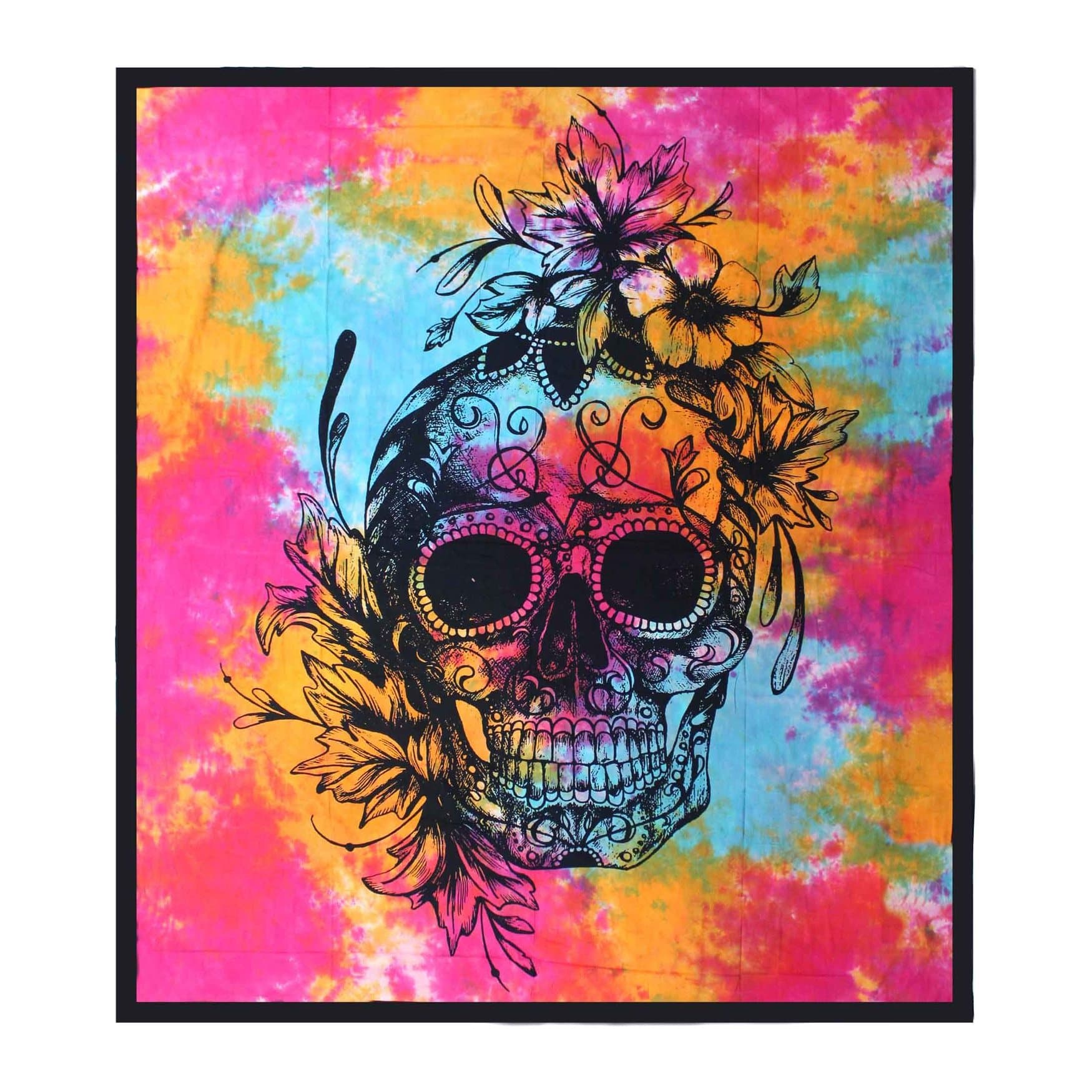 Cotton bedspread and wall hanging with a Day of the Dead skull design