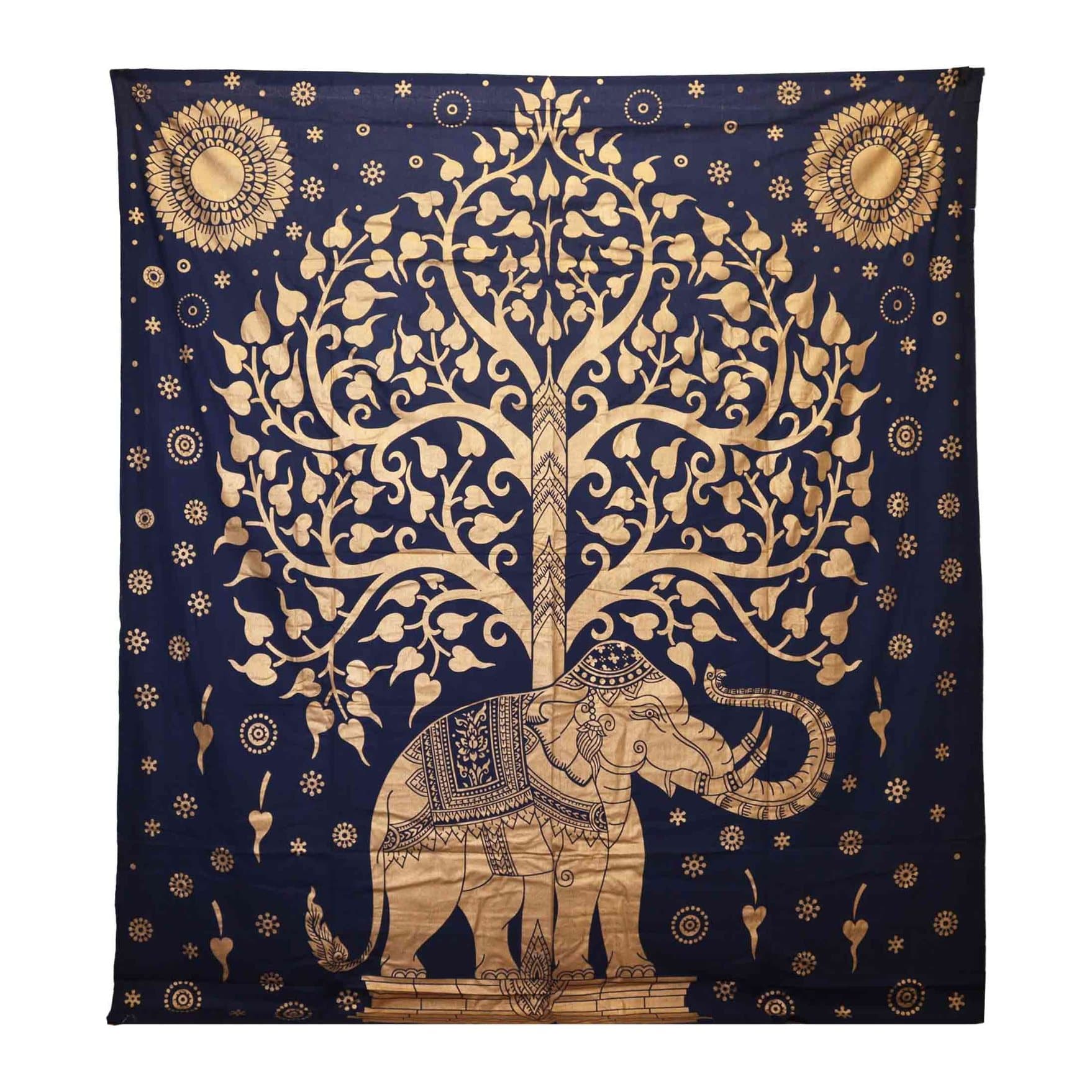 Blue and gold cotton bedspread and wall hanging with an elephant and tree design