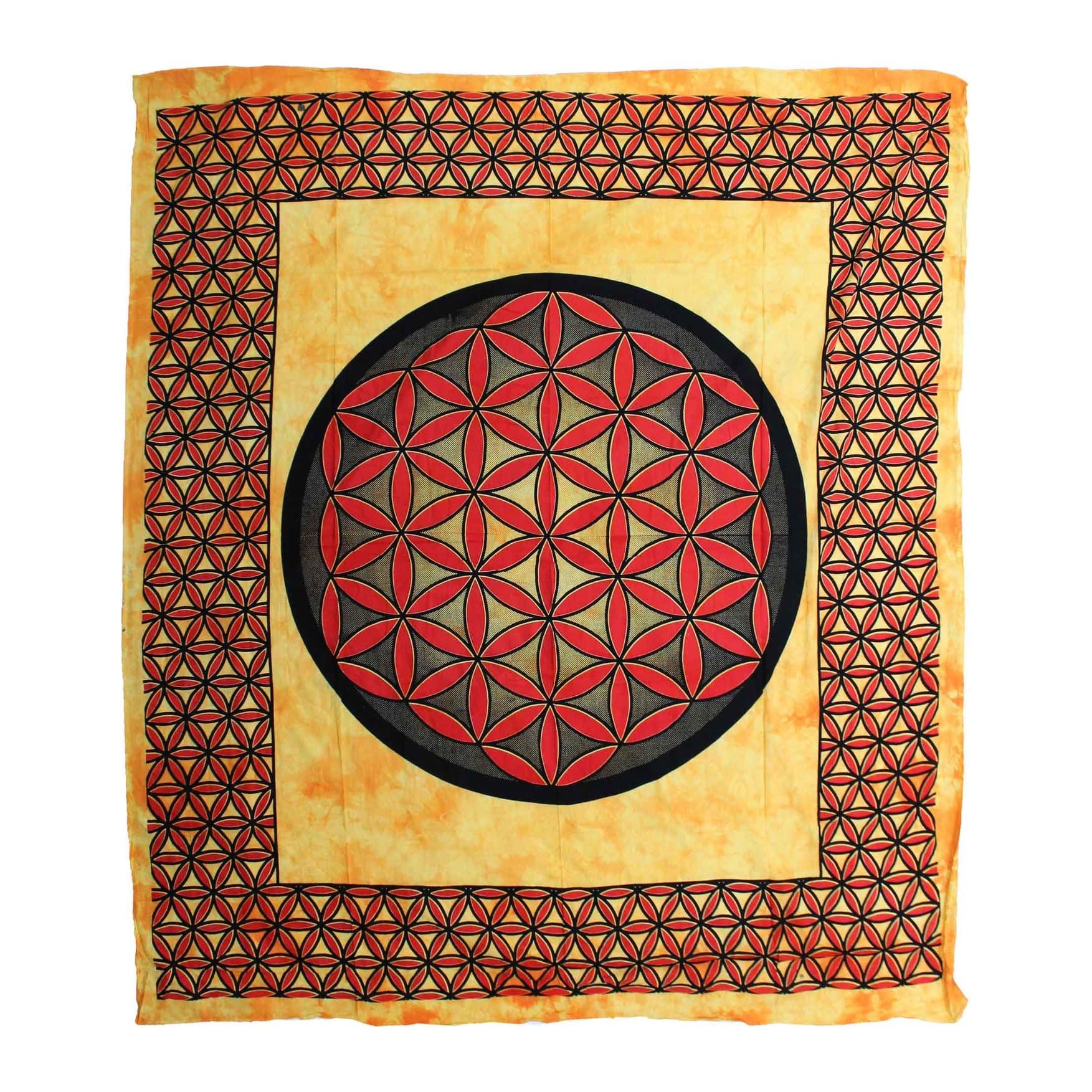 Orange cotton bedspread and wall hanging with a Flower of Life design