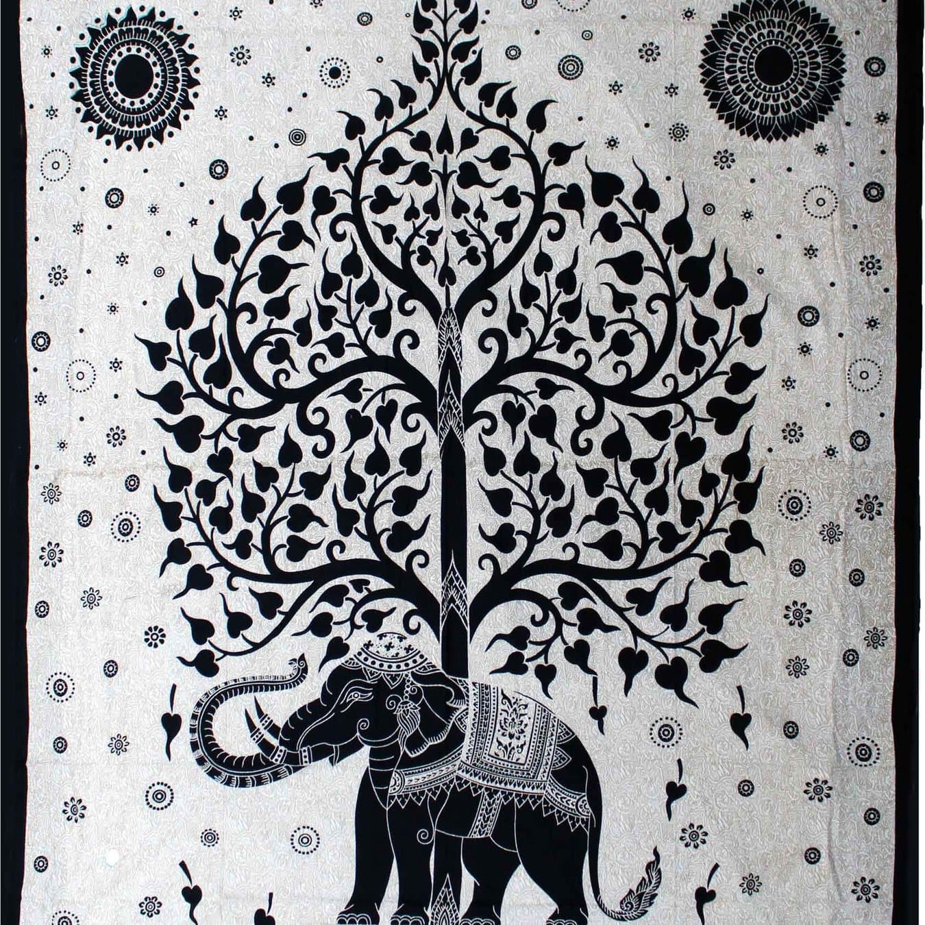 Cotton bedspread and wall hanging with a mono elephant tree design