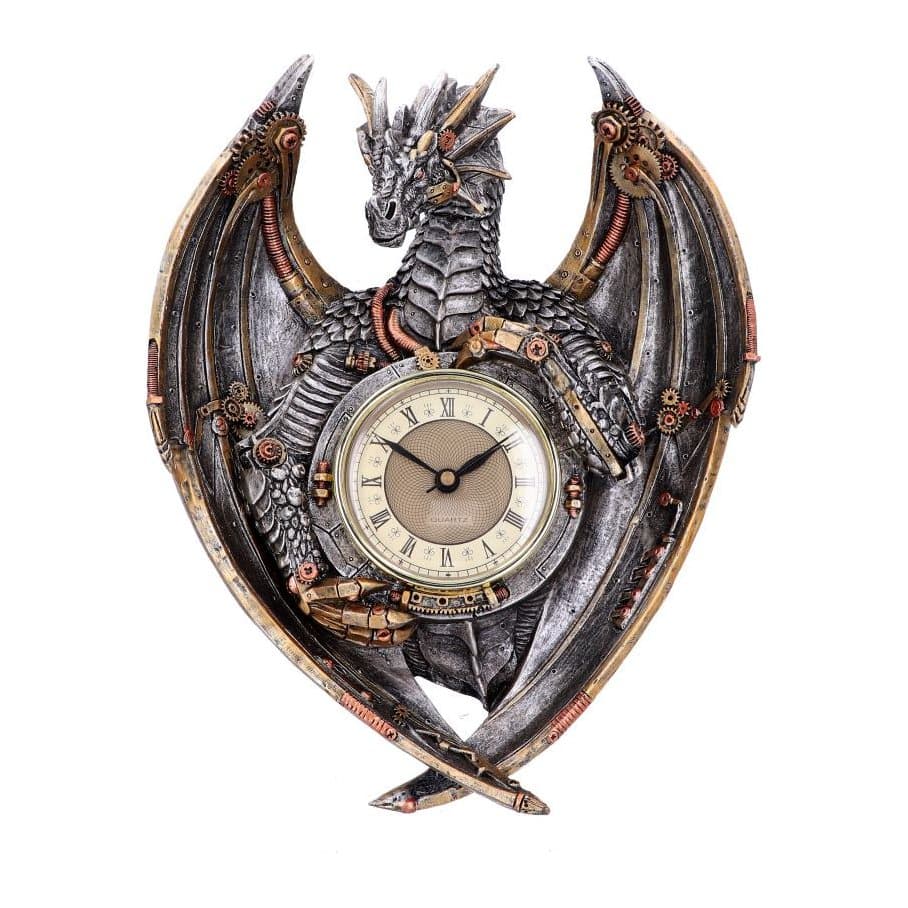 Steampunk clockwork dragon wall clock with golden cogs and raised wings