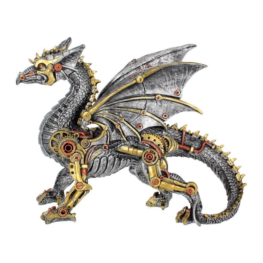 Steampunk dragon figurine on all fours with cogs and wings