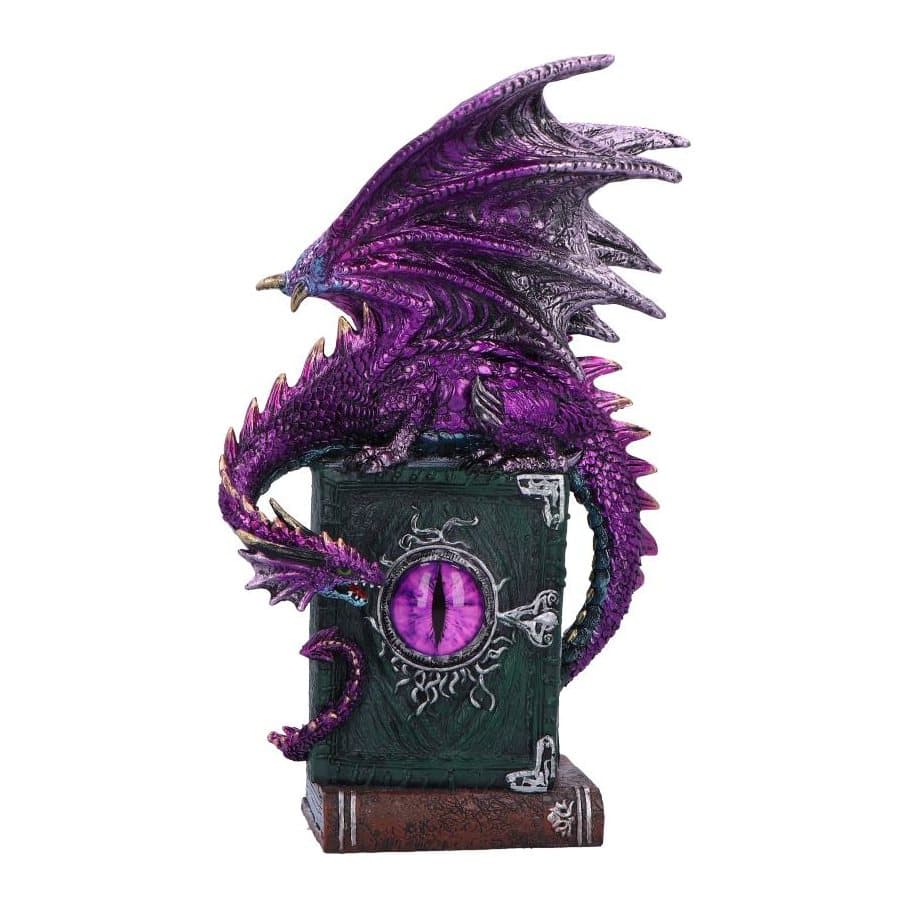 Purple dragon perched on a pile of books with an eye on the top cover
