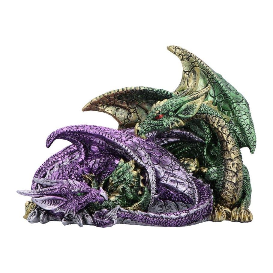 Resin dragon family statue with green father and purple mother dragon