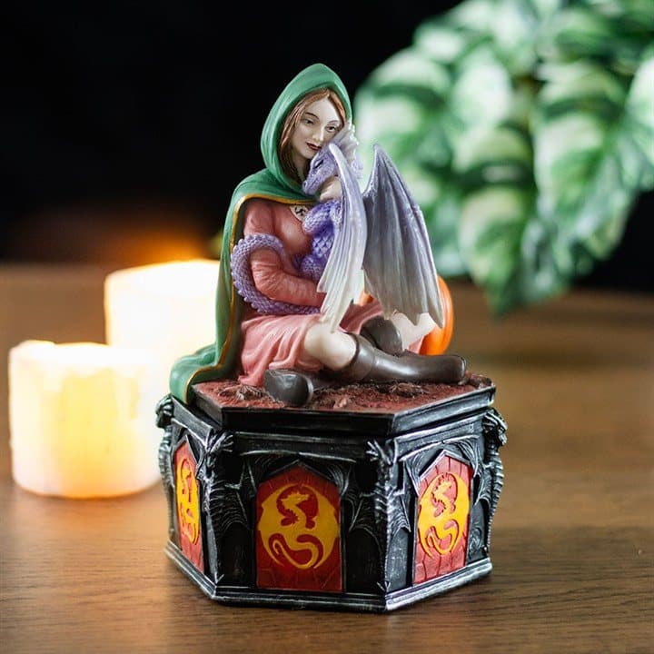 Resin dragon trinket box with figurine based on Anne Stokes' Safe Haven art