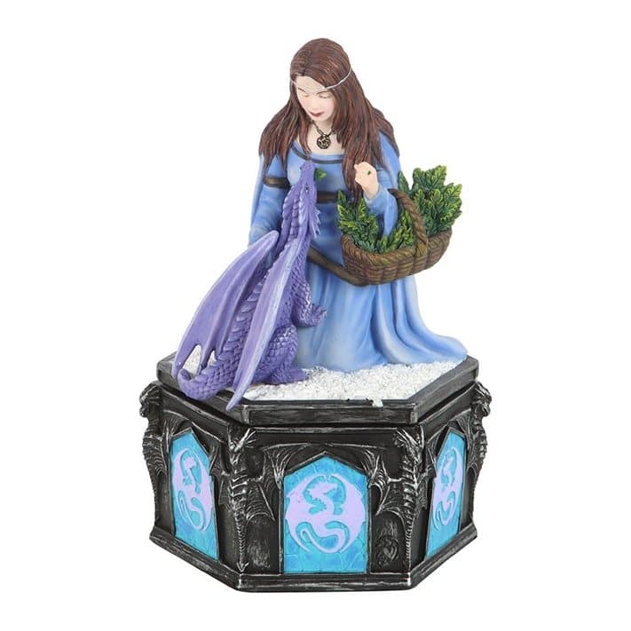 Resin dragon trinket box with a winter dragon figurine