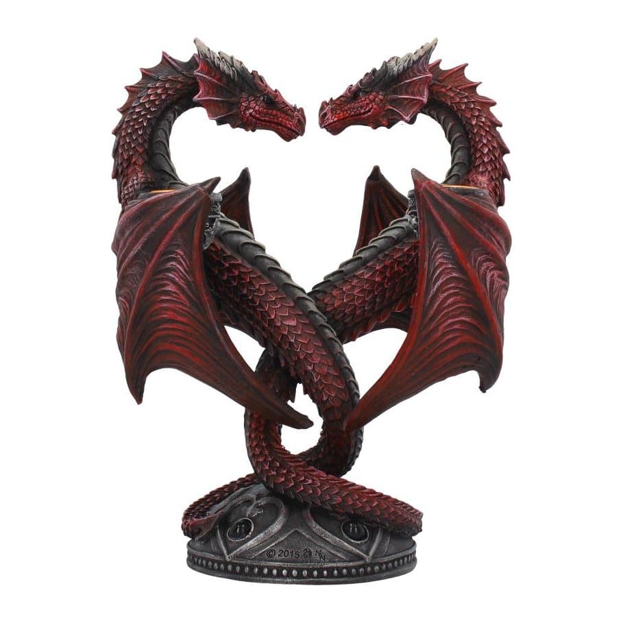 Two crimson dragons on a black base forming a love heart, a gothic candle holder
