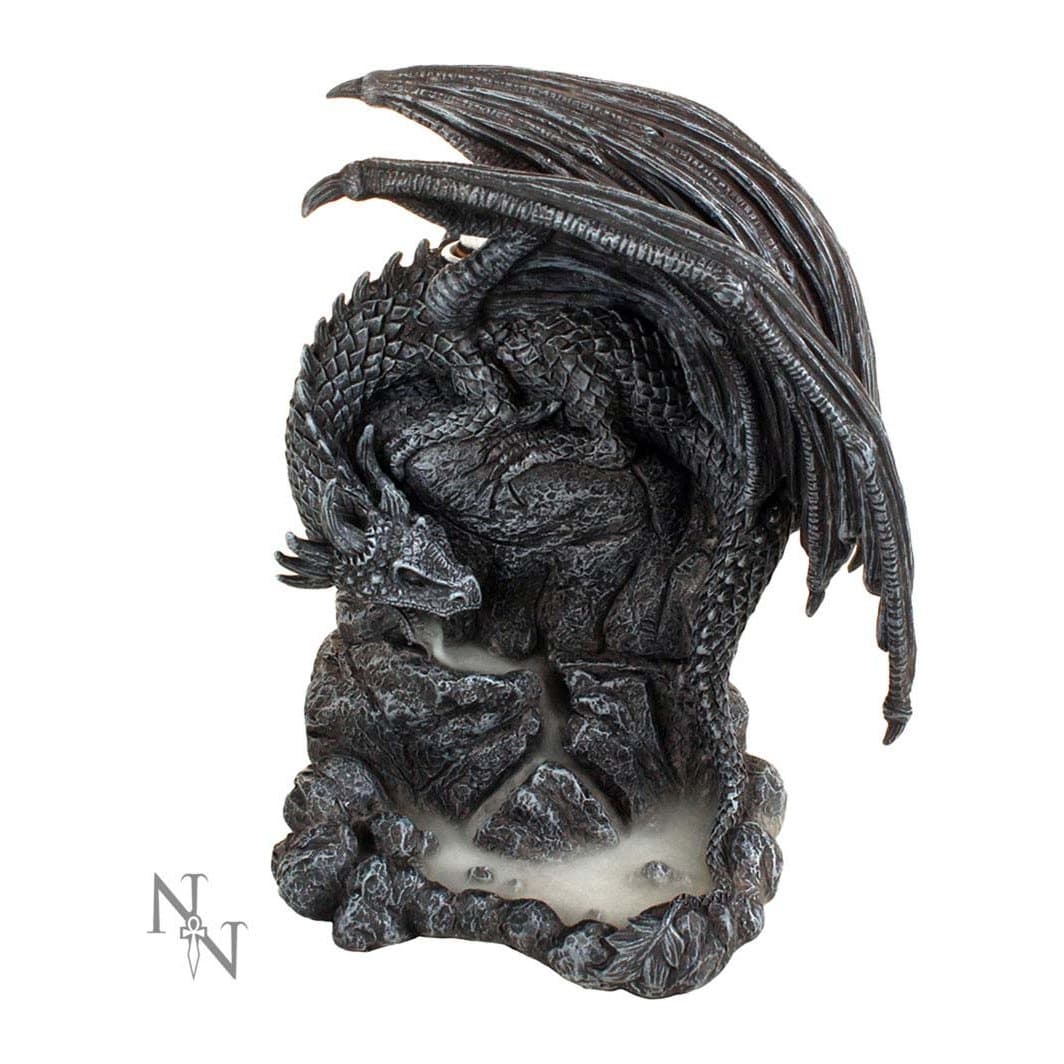 Hand-painted resin dragon curled over a rock formation, a backflow incense burner
